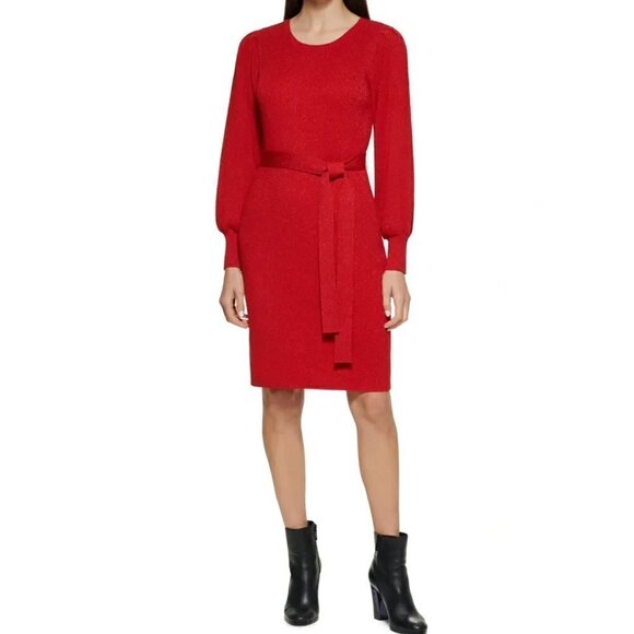 Calvin Klein Red Metallic Tie-Waist Sweater Dress Knit Long Sleeve Pull On NWT - Picture 2 of 16